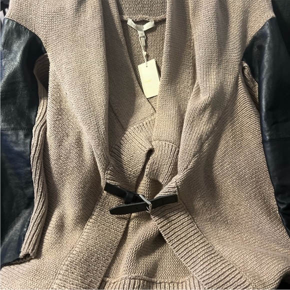 Maje Alane Knit Beige Cardigan with Lamb Leather Sleeves - Picture 4 of 6